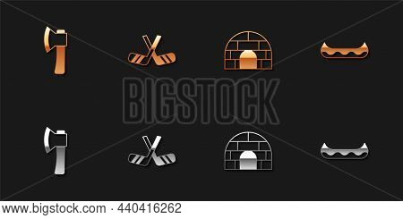 Set Wooden Axe, Ice Hockey Sticks, Igloo Ice House And Kayak Icon. Vector