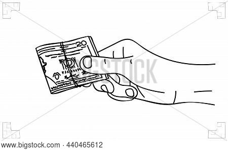 Hand Hold A Banknote. Money For Business, Stash, Bribe, Wealthy, Cash Payment, Trading Or Game Bet. 