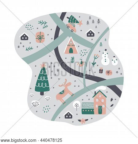 Winter Village Landscape. Magical Christmas Map With Cute Houses, Christmas Tree, Reindeer, Car, Sno