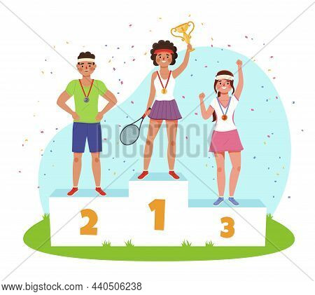 Winner Ranking. Stepwise Podium With Athletes. Award Ceremony. Gender Equality Competition. Sports P