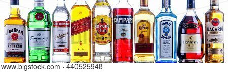 Poznan, Pol - Nov 4, 2021: Bottles Of Assorted Global Hard  Liquor Brands Including Whiskey, Vodka, 