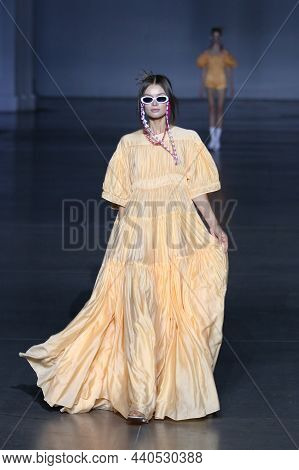 Kyiv, Ukraine - September 4, 2021: Model Presents A Creation By Designer Chuprina During Ukrainian F