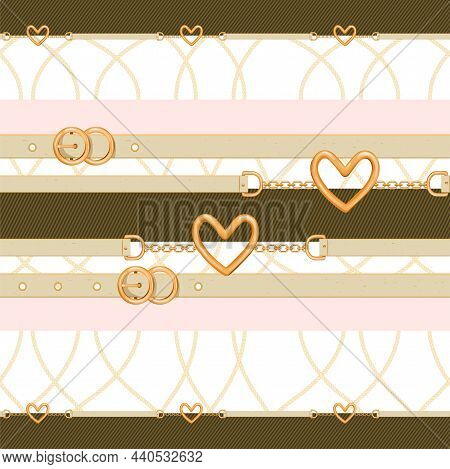 Abstarct Seamless Pattern With Gold Chains; Belts And Heart. Trendy Fashion Print For Textile, Scarf