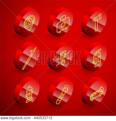 Set Line Location With Fire Flame, First Aid Kit, Firefighter Axe, Metal Pike Pole, Electricity Spar