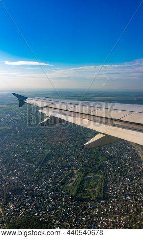 View From The Airplane Window During Taking Off On A Clear Summer Morning. Yekaterinburg, Russia