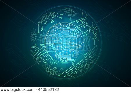 Abstract Glowing Digital Circuit Sphere On Blue Backdrop. Hardware, Technology And Innovation Concep
