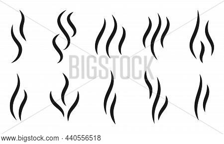 Aromas Wavy Icons Set. Black Silhouette Steam, Symbol Smell Smoking Or Stench. Simple Template Odour