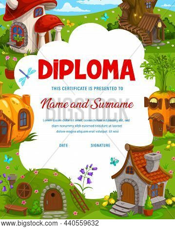 Vertical Kids Diploma, Fantasy Mushroom, Carrot, Pumpkin And Oak Fairy Houses. Vector Gift Certifica