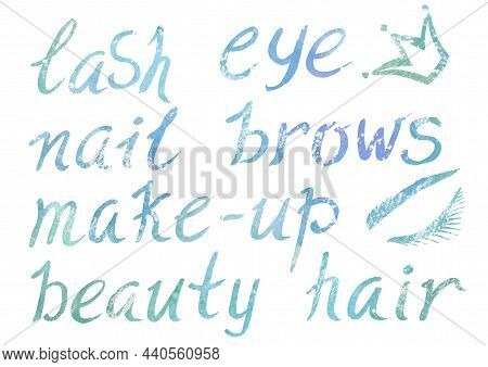 Watercolor Artistic Multicolor Set Of Makeup Elements A Beauty Theme On A White Background. Hand Wri