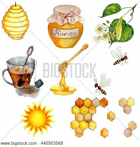 Honey Set. Beekeeping Collection. Cartoon Apiary Set. Watercolor Illustrations Of A Beehive, Bees, H