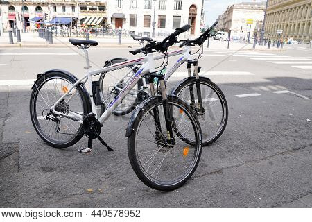 Bordeaux , Aquitaine France - 11 05 2021 : Police Municipale Bicycle Patrols In French Street Of Cen