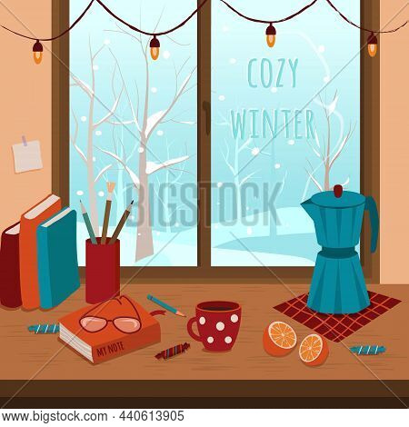 Window And Desk With Coffee Maker, Books, Oranges, Candies And Mug Of Coffee. Outside The Window Is 