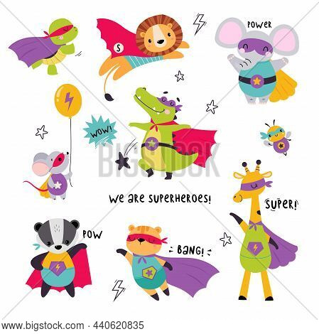 Animal Superhero Dressed In Mask And Cape Or Cloak Vector Set