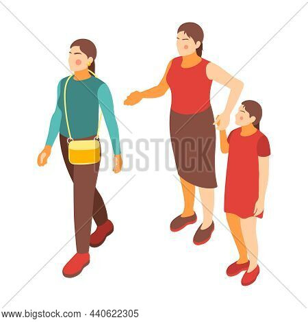 Social Inequality And Poor People Problem Isometric Composition With Poor Girl With Mother Ignored B