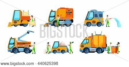Cleaning Service. Urban Vehicles Cleaners Street Sweepers Bad Dust Environment Garbage Removing Cars