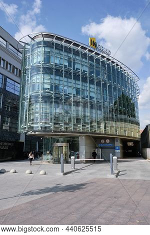 Futuristic Modern Glass Entrance To The Headquarters Of The Investment And Development Holding Ingra