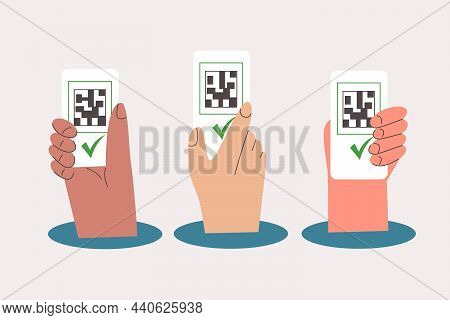 Diverse Hands Holding Smartphones With Qr Code Vaccine Certificate. Green Certificate Vaccination, S