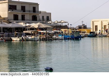 Rethymnon, Crete, Greece - Sept 18, 2021: Fishing Boats In The Old Venetian Harbour, Rethymnon, Cret