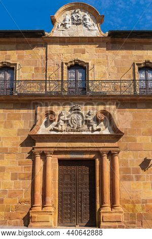 Episcopal Palace Facade Detail In The Asturian City Of Oviedo, Uvieu.