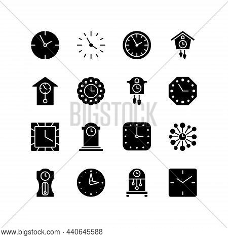 Wall Clock Flat Line Icons Set. Home And Office Clocks And Watches - Alarm, Tower, Cuckoo, Antique C