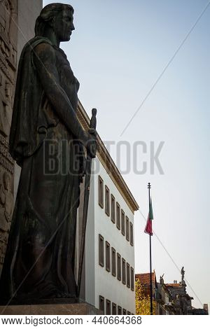 Statue At The Entrance To The Judicial Court Of The District Of Porto, Portugal