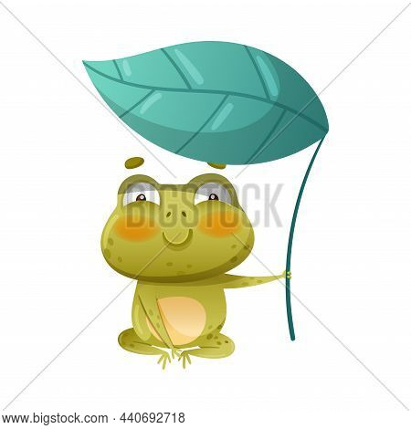 Cute Frog Sitting Under The Lotus Leaf. Green Funny Toad Character D Cartoon Vector Illustration