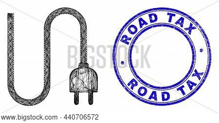Hatched Irregular Mesh Electrical Cord Icon With Road Tax Dirty Round Seal. Abstract Lines Form Elec