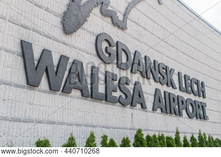 Gdansk, Poland - August 4, 2021: Sign Of Lech Walesa Airport Gdn.