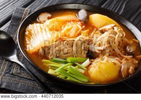 Gamja-tang Or Pork Backbone Stew Is A Spicy Korean Soup Close Up In The Bowl On The Table. Horizonta