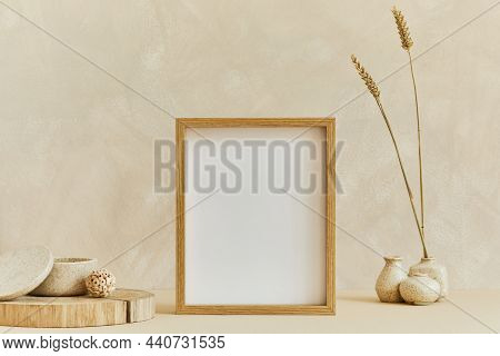 Stylish Composition Of Cozy Minimalistic Interior Design With Mock Up Poster Frame, Natural Material