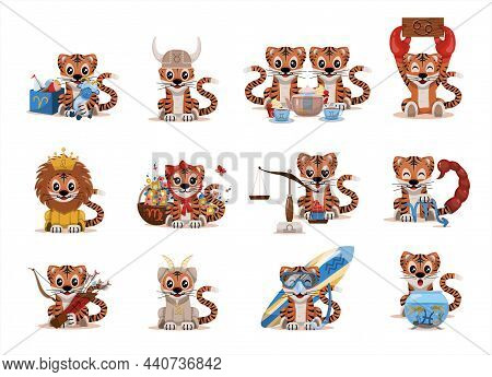 Big Vector Set Of 12 Zodiac Signs, A Baby Tiger In The Form Of Aries, Taurus, Gemini, Cancer, Leo, V