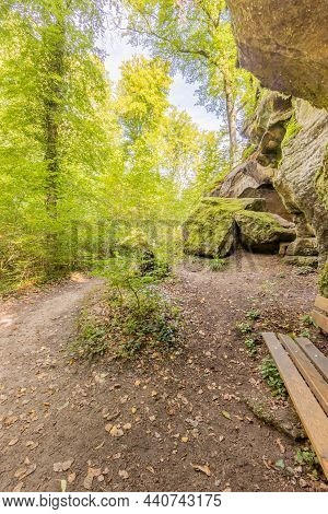Dirt Road, Sandstone Rock Formation With Moss, Green Trees In The Background, Sunny Summer Day For H