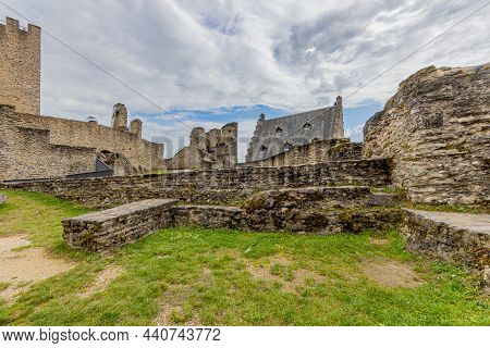 Open-air Ruin At The Medieval Castle Of Bourscheid, Dilapidated Stone Walls, Stairwell, Courtyard Wi