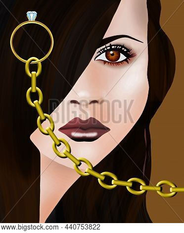 An Engagement Ring Is Seen With A Chain Attached In A 3-d Illustration About The Bond And Burden Of 