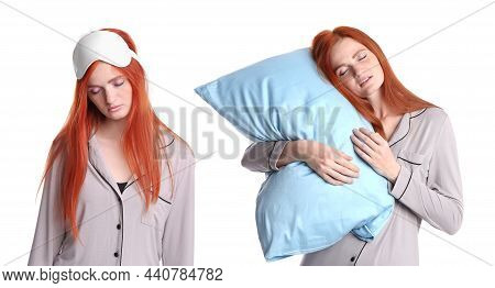 Collage With Photos Of Sleepwalker On White Background. Banner Design
