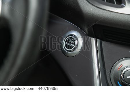 Novosibirsk, Russia - November 09, 2021: Ford Kuga, Car Engine Push Start Stop Button Ignition Remot