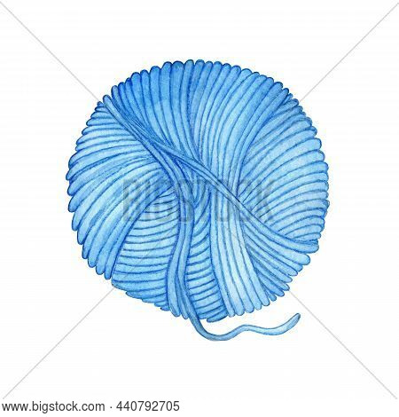 Watercolor Illustration Of A Skein Of Blue Yarn. Wool Coiled Into A Ball. Smoothly Wound Threads. Kn