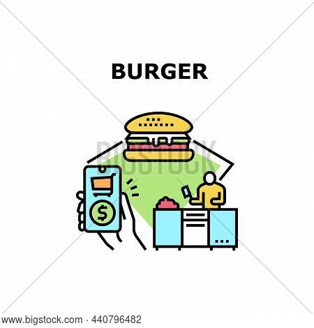 Burger Fastfood Vector Icon Concept. Burger Fastfood Ordering Online In Smartphone Application Of Re