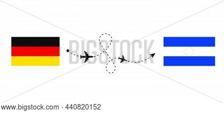 Flight And Travel From Germany To El Salvador By Passenger Airplane. Airplane Route And Country Flag