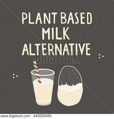 Plant Based Potato Milk Glass With Tube And Potato Bottle.