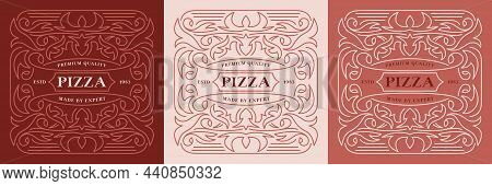 Stock Vector Set Of Pizza Cover For Boxes. Floral Ornament In Thin Line Style. Vector Illustration