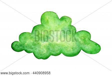 Watercolor Painting Green Cloud Doodle. Fantasy Land, Fabulous Weather, A Magical World. Children's 