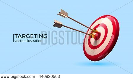 Targeting The Business Concept. Realistic 3d Design Red Target And Arrow. Design In Cartoon Style. V