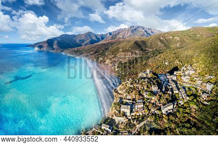 Aerial View With Nonza Village , Corsica Island, France