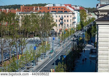Vilnus, Lithuania - May 11, 2021: Vilnius Cityscape With Gediminas Avenue And Lukiskiu Square In Spr
