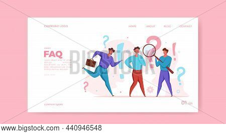 Faq Concept Of Men Looking Through Magnifying Glass At Interrogation Point