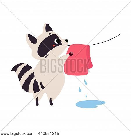 Cute Raccoon Character With Ringed Tail Hanging Wet Clothes On Rope Vector Illustration
