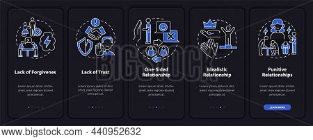 Toxic Partner Types Onboarding Mobile App Page Screen. One-sided Relationships Walkthrough 5 Steps G