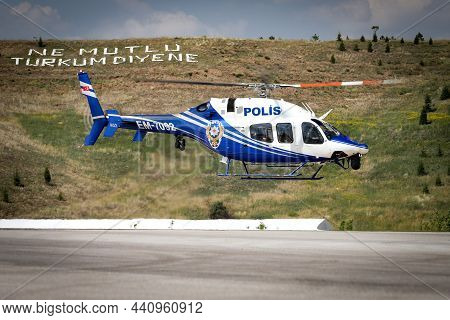 Ankara, Turkey - June 26, 2021: Turkish Police Force Bell 429 Globalranger Helicopter Performing