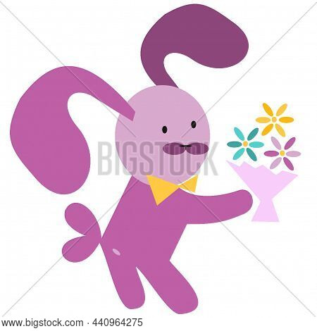 The Rabbit Gives Flowers. Rabbit With Big Ears.